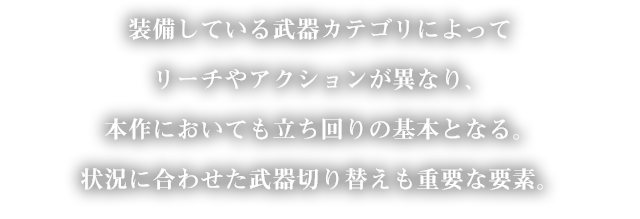 装備している武器カテゴリによってリーチやアクションが異なり、本作においても立ち回りの基本となる。状況に合わせた武器切り替えも重要な要素。